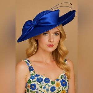 New Kentucky Derby Hat Royal UK Blue Wide Brim Hat with Bow Quill Accent Elegant